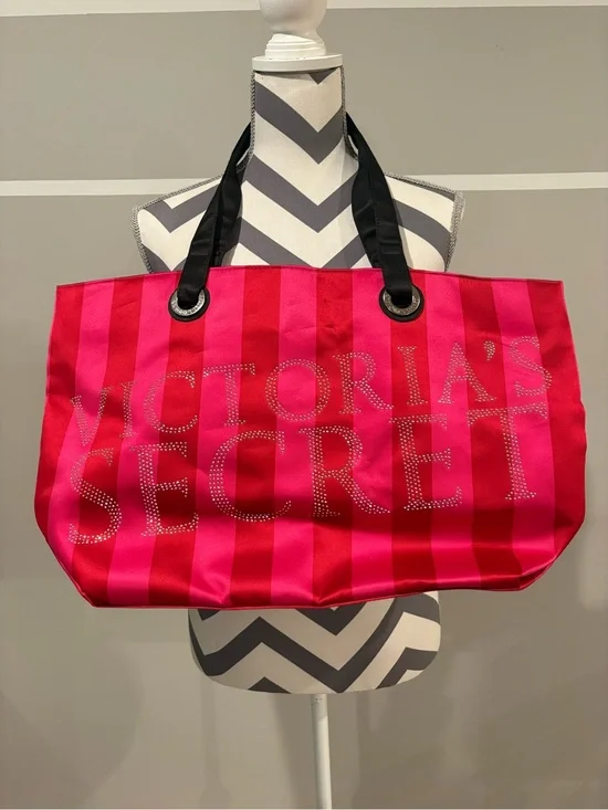 Victoria's Secret Hot Pink and Fuchsia Striped Tote with Rhinestone Logo