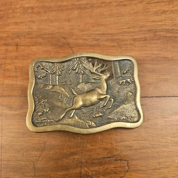 Vintage BTS Solid Brass Deer in the Woods Huntsman Belt Buckle Made In USA