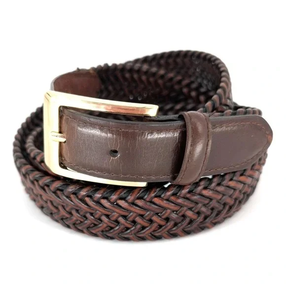 Mens Vintage Brown Leather Woven Belt Brass Buckle Preppy Heritage‎ Classic 48