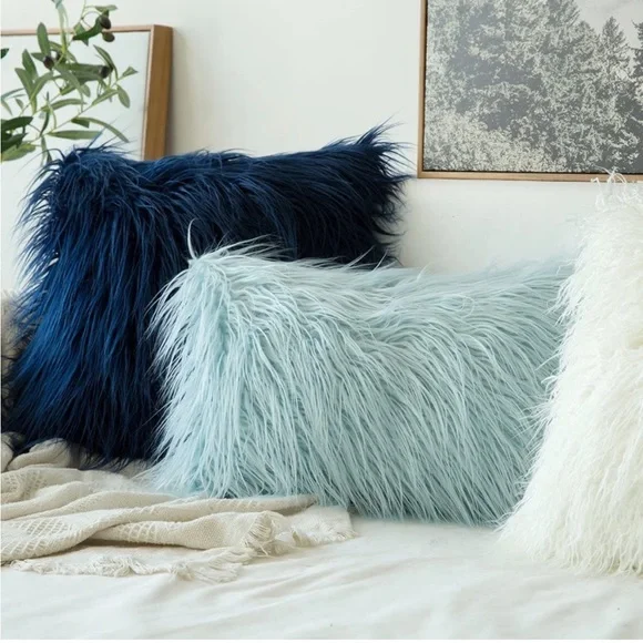 Luxury Home | Chic Light Blue Faux Long Fur Luxe Lumbar Throw Pillow Cover