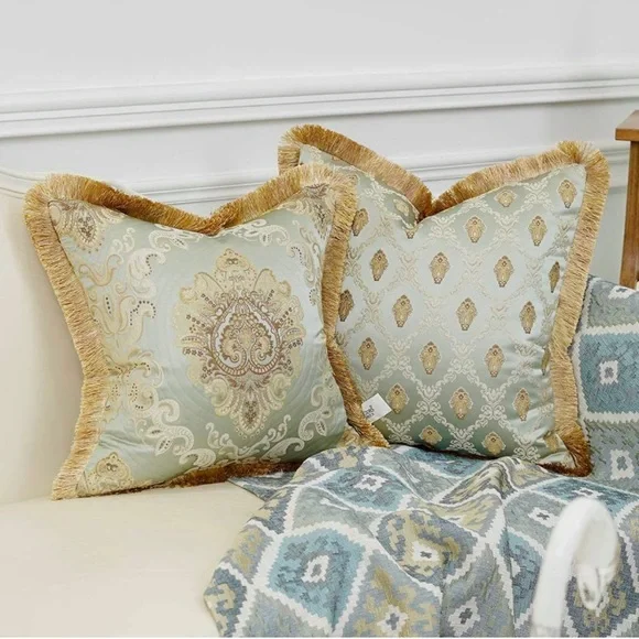 Luxury Home | Elegant Aqua & Gold Jaquard Embroidered Fringe Throw Pillow Cover