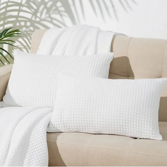 Luxury Home | Coastal Chic Bright White Waffle Knit Lumbar Throw Pillow Covers