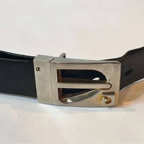 Vtg Pierre Cardin Reversible Black Brown Leather Belt with Monogram Buckle 34-38