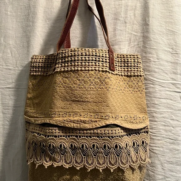 Tan Mona B Woven Tote with Geometric and Lace Details