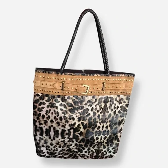 LIONEL Leopard Bag Faux‎ Leather Suede Trim Studded Braided Handles Western