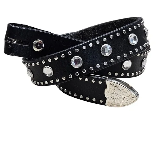 Kids Nocona‎ Black Genuine Leather Western Studded Rhinestone Belt Buckle 22