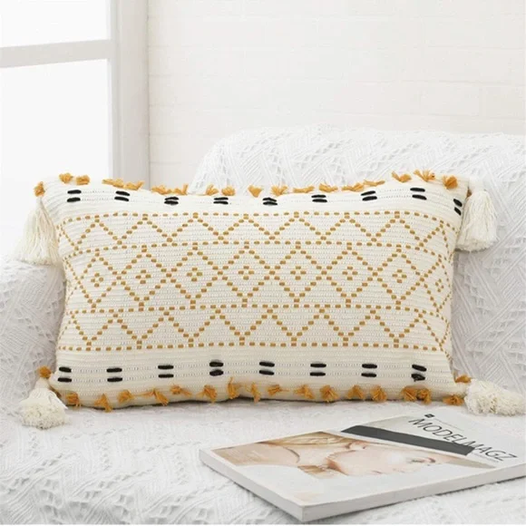Luxury Home | Boho Chic Mustard Morroccan Tufted Woven Lumbar Throw Pillow Cover