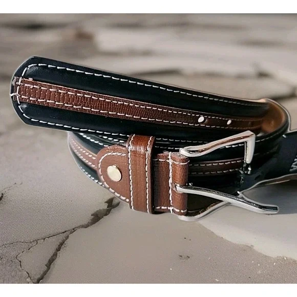 NWT Men's XL 42-44 Black/Brown Stripe Genuine Leather Belt Silver Buckle Modern