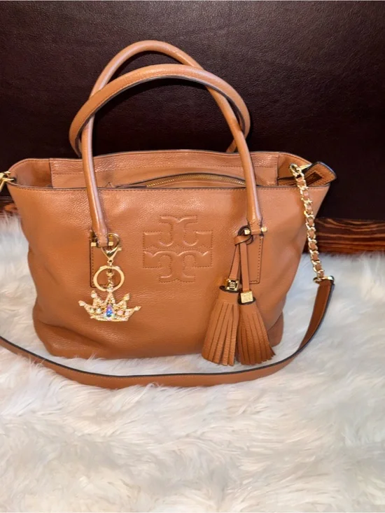 Tory Burch Cognac Pebbled Leather Tote with Tassel and Chain Strap