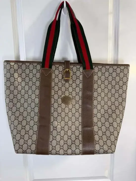 Authentic Vintage Gucci Plus GG Monogram Sherry Line Web Tote Bag