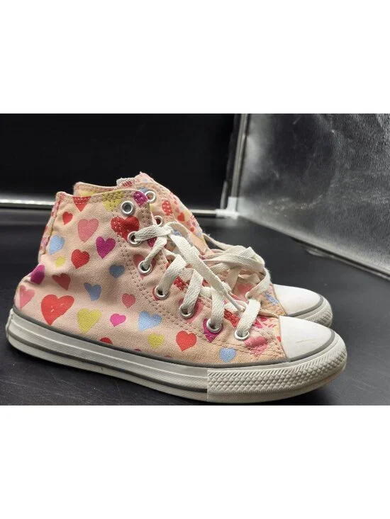 Converse All Star Shoes Kids Size 2 Pink Heart High Top Sneakers Damage Stains