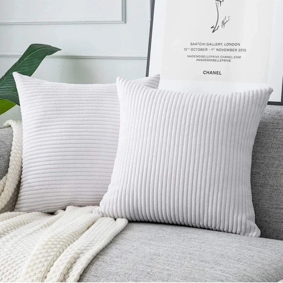 Luxury Home | Elegant Bright White Soft Corduroy Striped Throw Pillow Covers