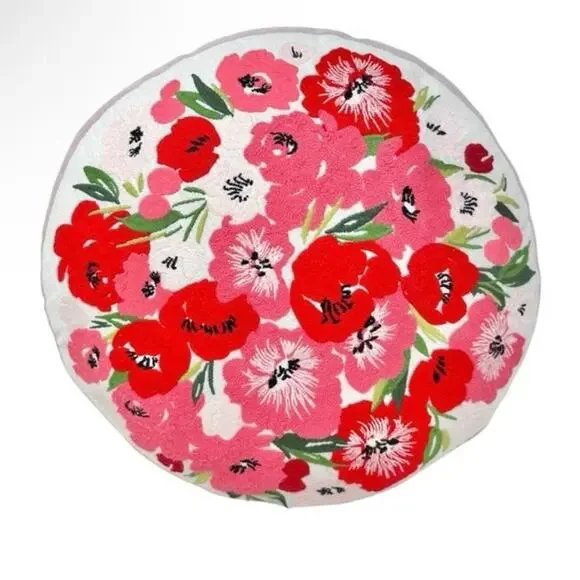 PAPYRUS Garden Embroidered Poppy Flowers Round Pillow 14” Floral Cottagecore