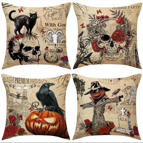 4pcs Vintage Halloween Throw Pillow Covers For Black Cat/Crow/Pumpkin/Skull Thro