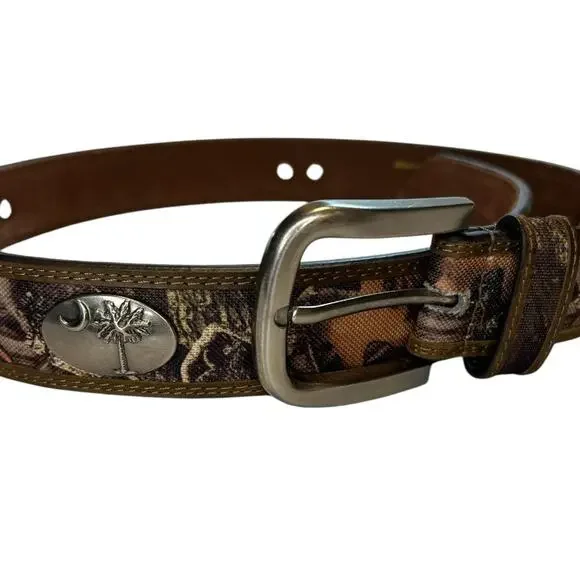 Zed Pro leather belt Mossy Oak camouflage SC Palmetto tree metal emblem