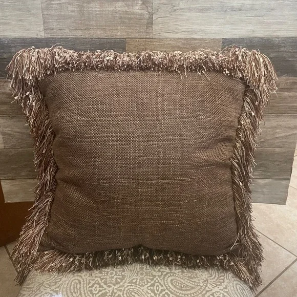 Pier 1 Imports Brown Burlap Woven Throw Pillow with Eyelash Fringe Trim confetti