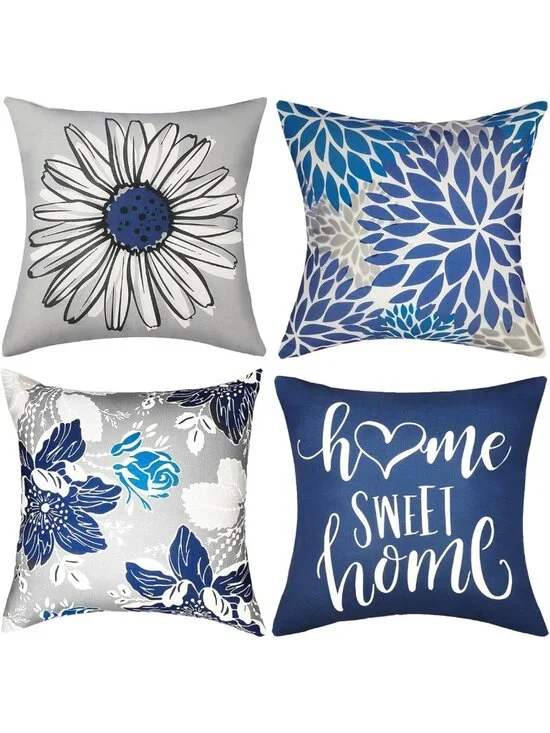 Set of 4 Blue Decorative Throw Pillow Covers 18x18