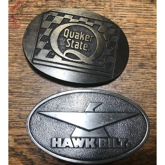 Vintage Lot of 2 Belt Buckles Quaker State and Hawk Bilt