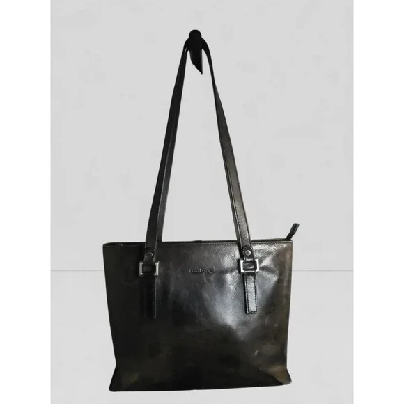 Gianni Conti Black Leather Tote Bag Shoulder Bag Top‎ Zip Buckle Detail