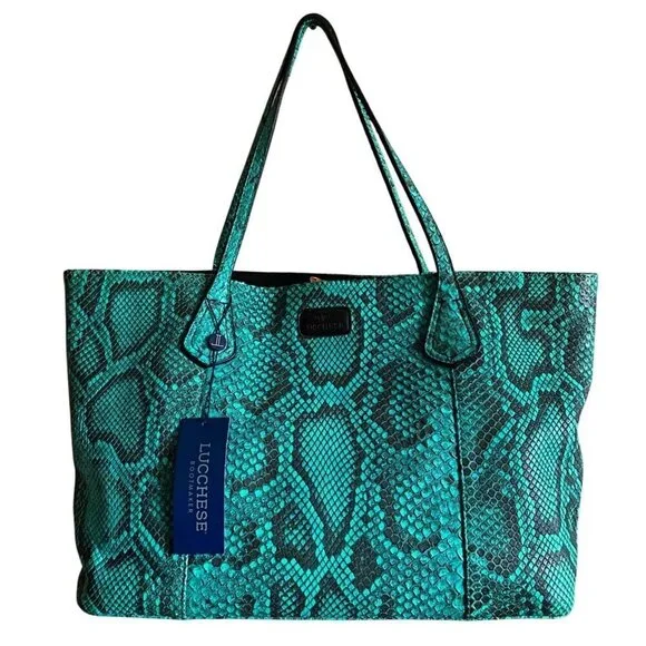 Lucchese Python Leather Tote Bag Turquoise Black Western Luxury Shoulder Bag