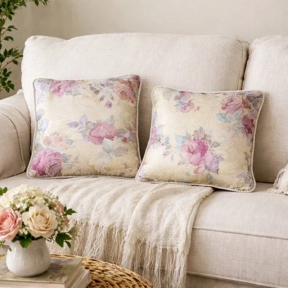 Floral Decorative Throw Pillow Set 2 Vintage Cottagecore Pastel Rope Trim 14x14