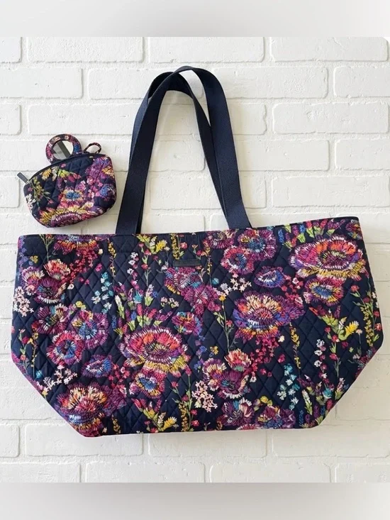 Large Vera Bradley Midnight Wildflower Quilted Tote and Makeup Pouch