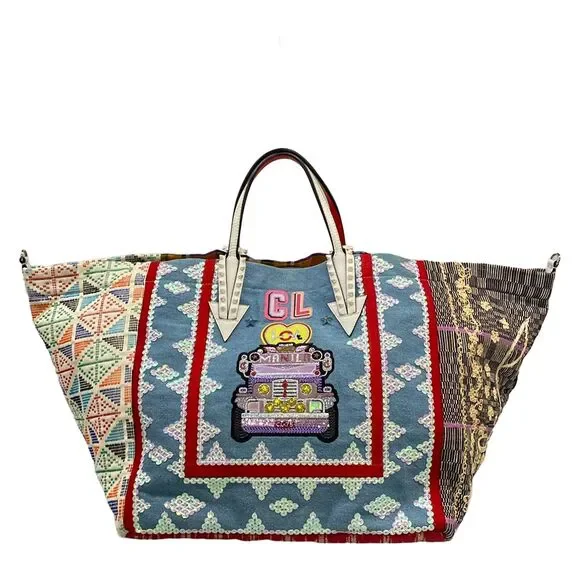 Christian Louboutin Manila Cabas Tote Bag Light Blue Multi Jacquard Denim