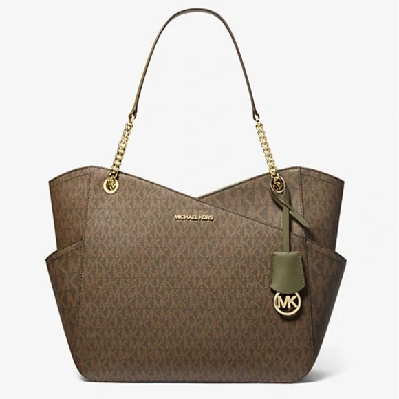 MICHAEL KORS Jet Set Large XChain Logo Shoulder Tote Bag OLIVE/BROWN COLOR