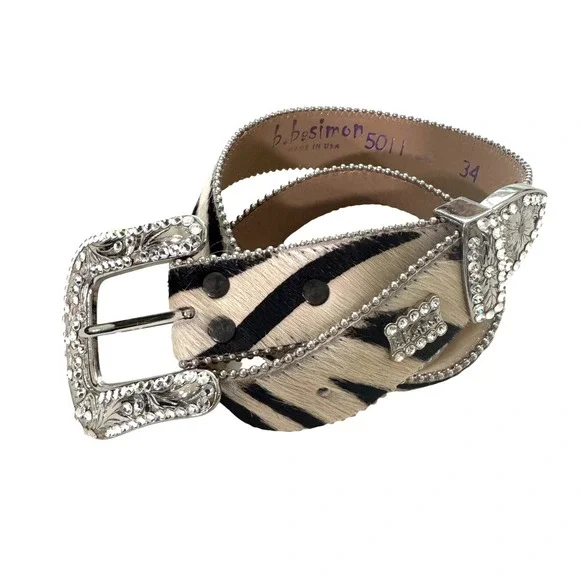 B.B. Simon Crystal Embellished Zebra print Pony Hair Western Belt