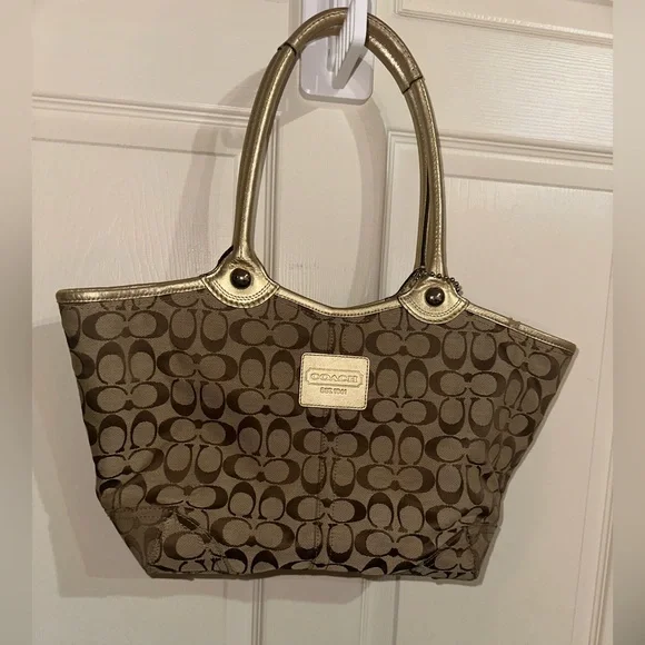 Coach Brown Signature Jacquard Bleecker brown Canvas Tote with Gold Trim Y2K