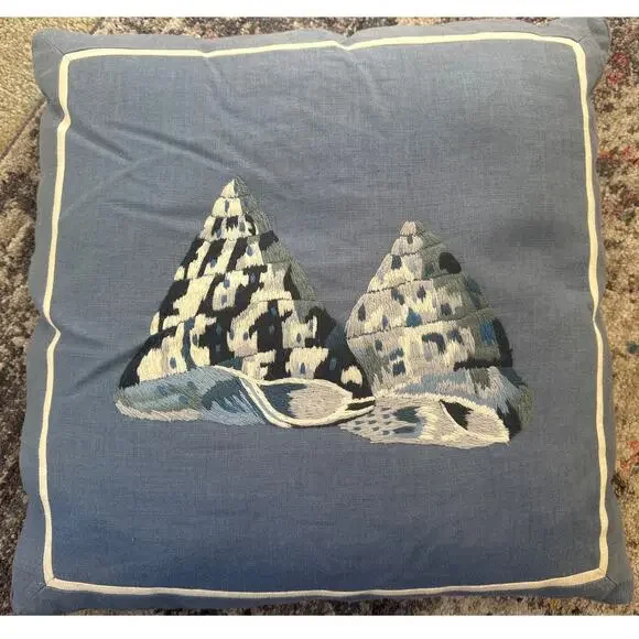 KUK May Embroidered Linen Pillow seashells Nautcial Blue white 20