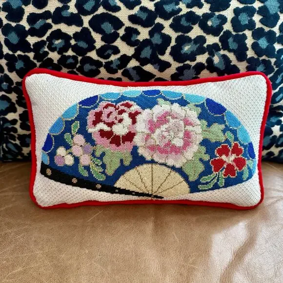 Small Needlepoint Pillow Oriental Fan