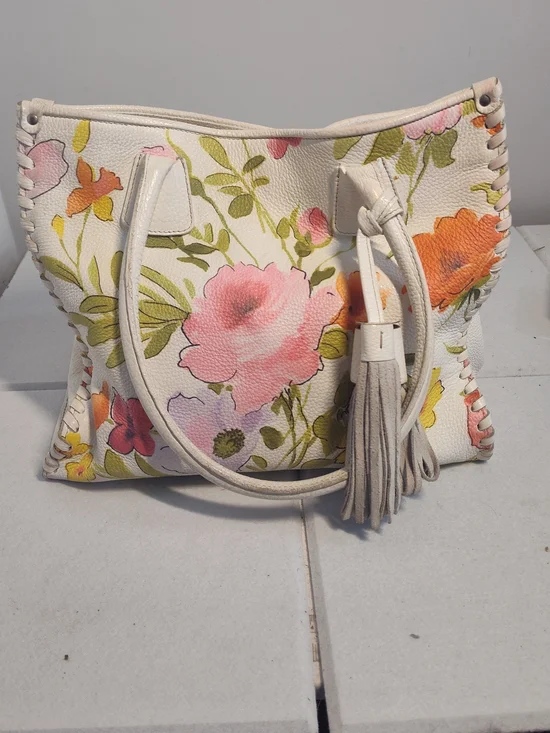 Floral Whipstitch Tassel Tote - Cream with Pink & Orange Flowers