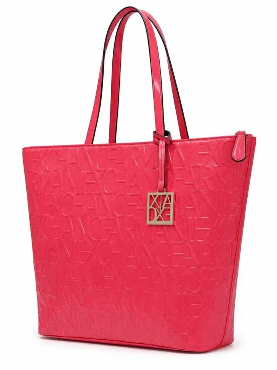 Armani Exchange Pink Embossed Logo Patent Leather Tote Bag Zip Top A|X