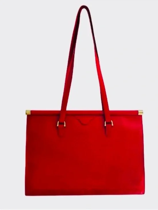 MARK CROSS RED GRAINED LEATHER ORGANIZER TOTE WITH GOLD SIDE HINGES