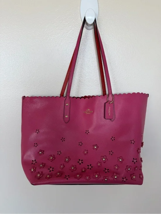 COACH Metro Fuschia Leather Tote w/ Floral Embellishments and Scalloped Top Edge
