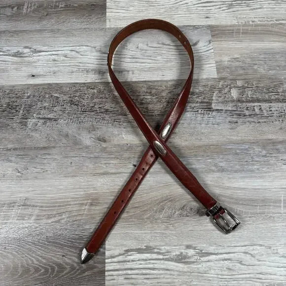 Vintage Brown Genuine Leather Western Concho Belt Silver Buckle Rodeo Boho 42