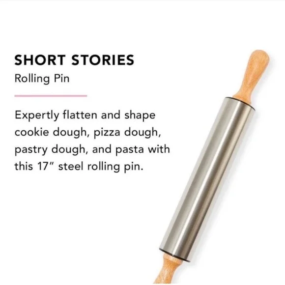 Short Stories 17 Inch Stainless Steel Rolling Pin Wood Handles FabFitFun‎ NWT