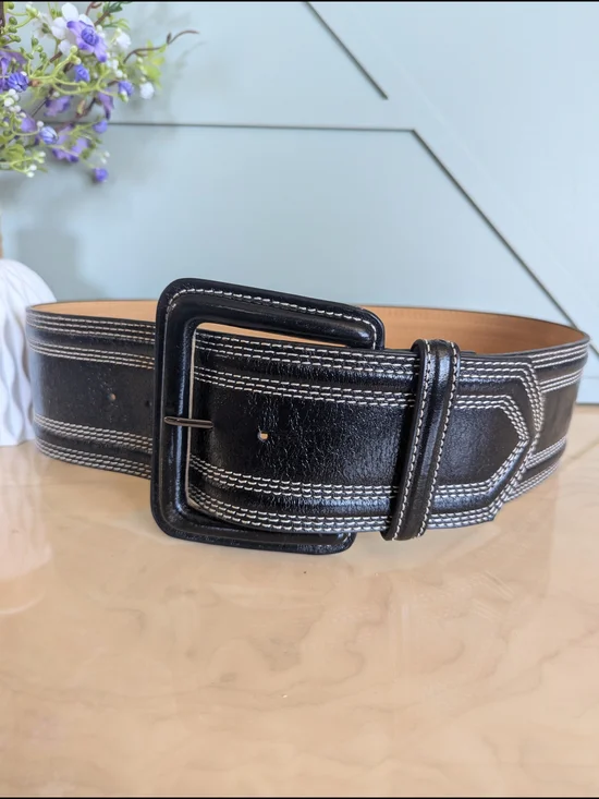 Worth Black Leather Belt with White Contrast Stitching