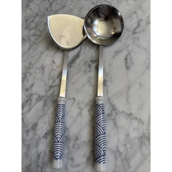 Spatula and Ladle Kitchen Utensils Ceramic Handles Blue And White Vintage