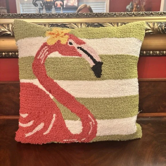Flamingo Hooked Pillow 18x18 Tropical‎ Coastal Decor Green Stripe Accent Pillow