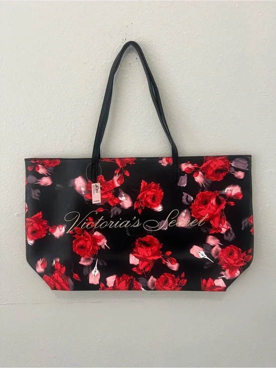 Victoria's Secret Black Tote with Red Rose Pattern and Gold Logo