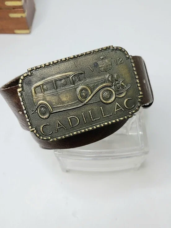 Vintage Cadillac V-12 Bay State Buckle Brown Distressed Genuine Leather Belt