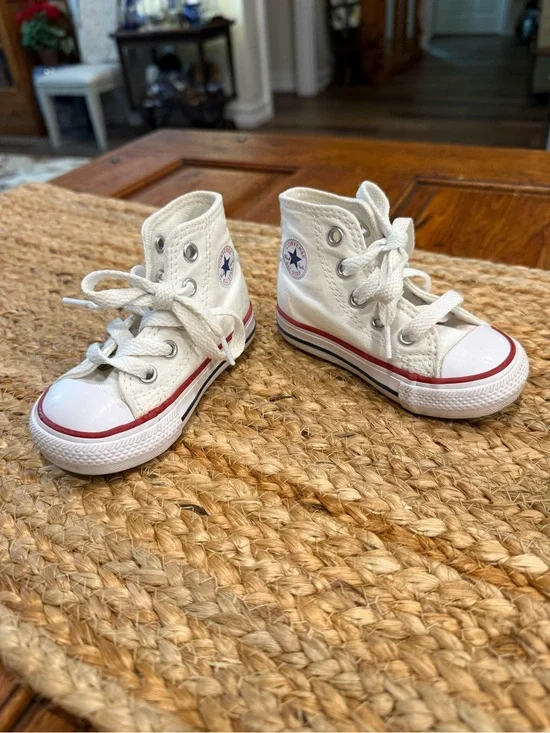 Converse Kids White High-Top Sneakers with Red & Navy Stripe