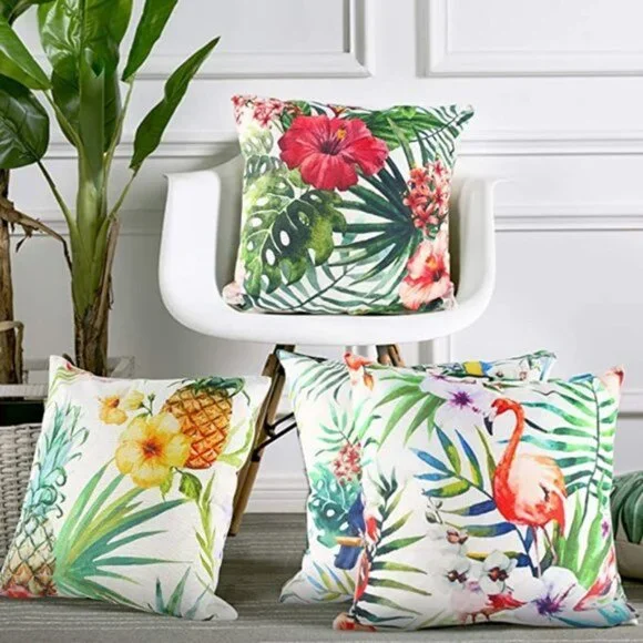 Decorative Tropical Design Throw Pillow Covers | Set of 4 | 18x18 | Linen Blend