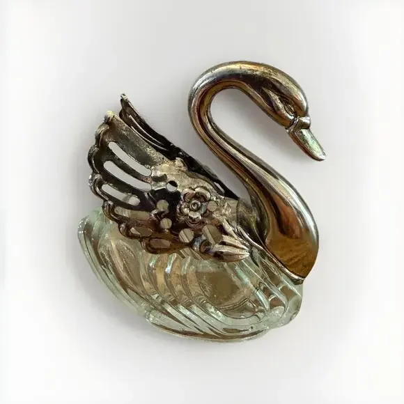 Mid Century Era Swan Figural Salt Cellar Pressed Glass Base Movable Wings 3”