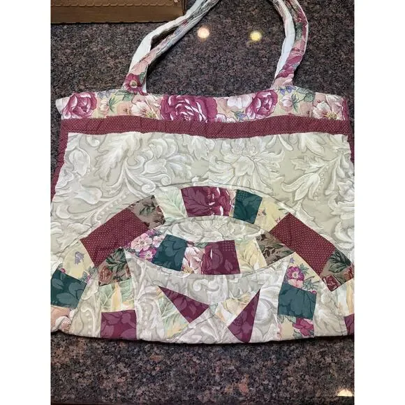 Vintage Handmade Quilted Double Ring Pattern Tote Bag 18