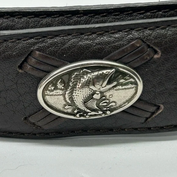 Mens Columbia Dark Brown Leather Belt Silver Fish Embellishments Size 36