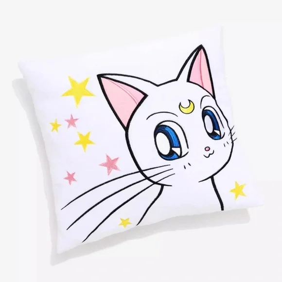 White Artemis from “Sailor Moon” Cat Pillow w Pink & Yellow Stars Hard to find!
