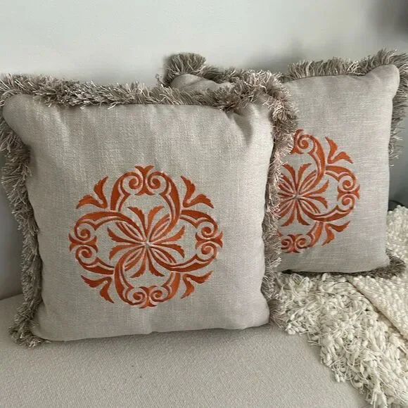 Custom-made Fringed Embroidered Decorative Accent Pillow’s (2) 22”x22”